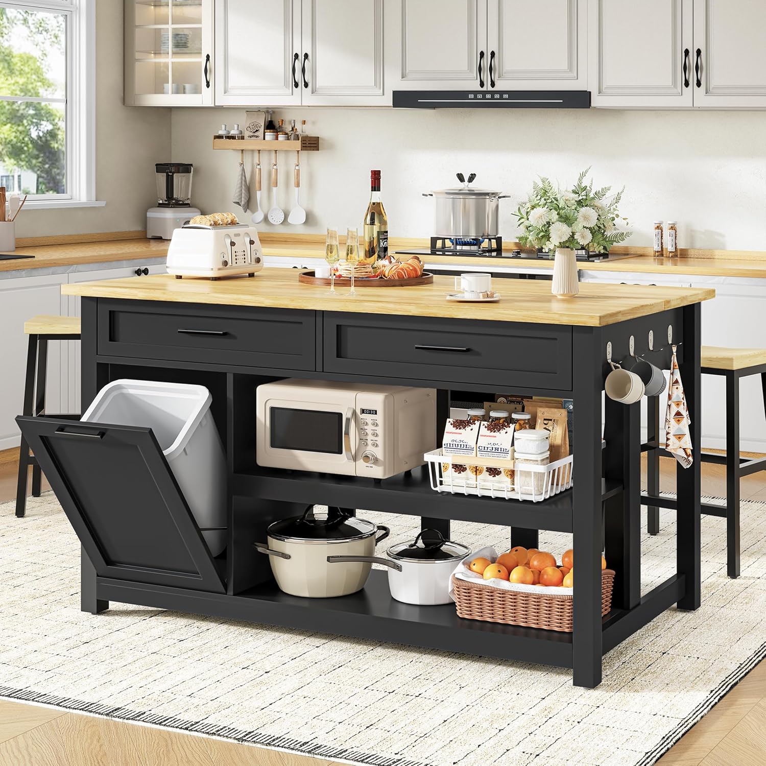 DynJest Kitchen Island with Storage and Seating Include 2 Bar Stools, Black | 47" Solid Rubberwood Island Table with Trash Can Storage, Power Outlets, 2 Drawers & Open Shelves Cabinet, Dining Table for 2