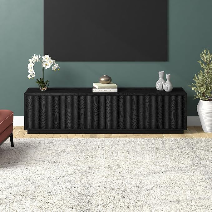 Henn&Hart Fluted TV Stand for TVs up to 85" with 2 Concealed Ribbed Storage Cabinets and Adjustable Shelves for Living Room, Family Room, or Office, Natural Black