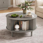 Coffee Table and TV Stand Set of 2, Round Center Table with Storage, Fluted Coffee Table with 360° Sliding Doors, 86.6" Entertainment Center for Bedroom, Living Room, Grey