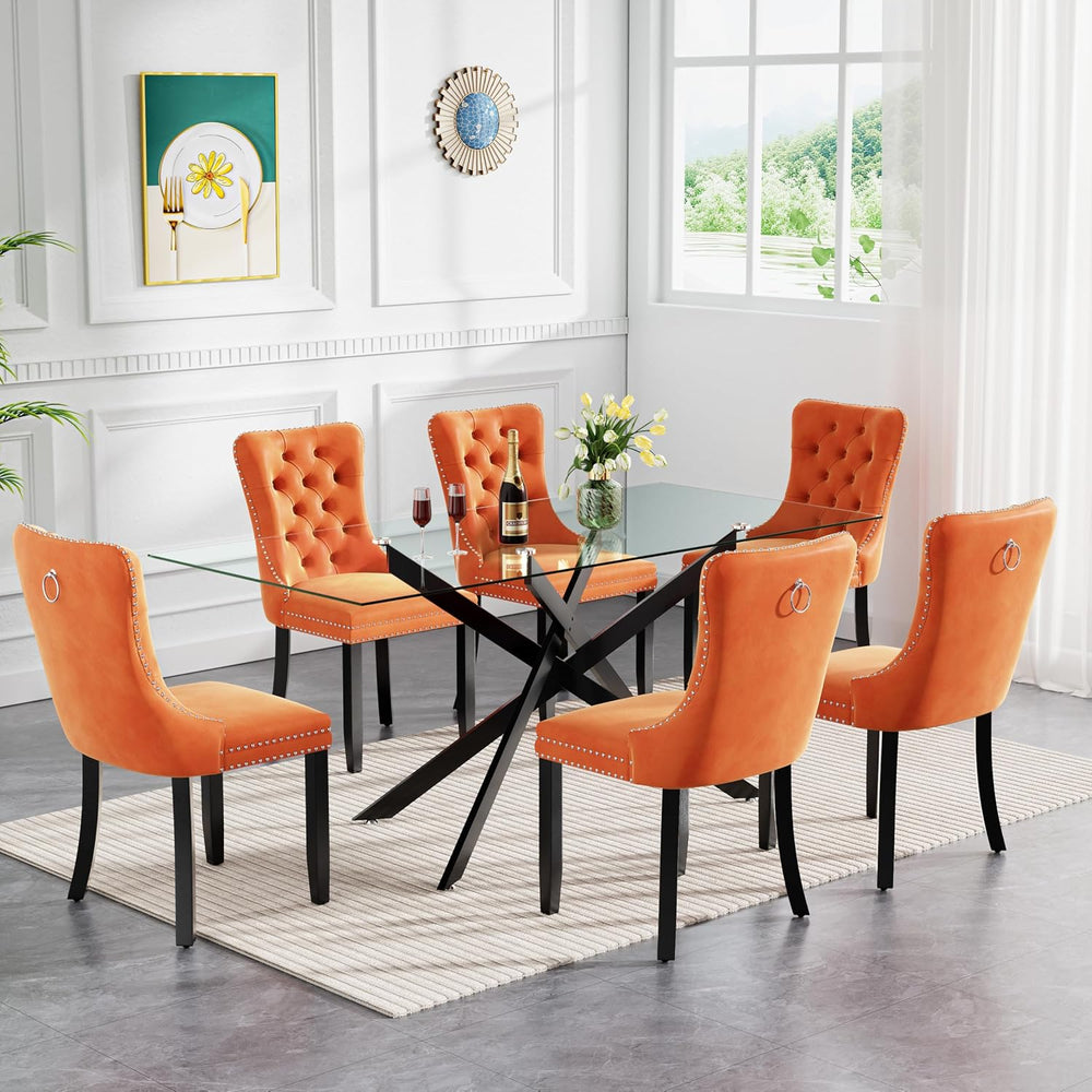 60" Black Glass Dining Room Table Set for 6, 7-Piece Modern Rectangular ...