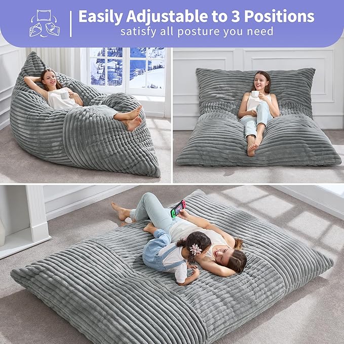 Hobestluk 3 in 1 Bean Bag Chair Giant Bean Bag Chairs Convertible Bean Bag Floor Cushion with Machine Washable Cover, Beanbag Chairs for Adult (Turquoise Grey)