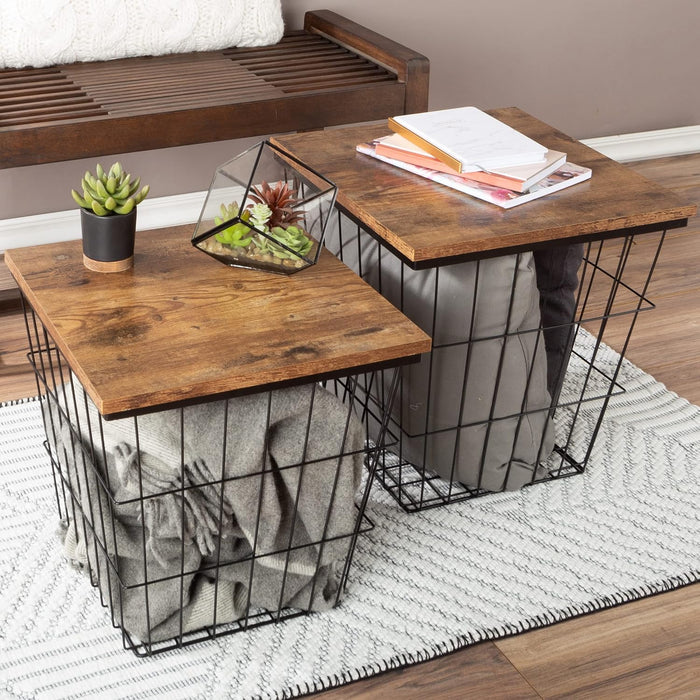 Lavish Home Square End Tables, Brown Woodgrain, Set of 2, 15.75”/14.5”