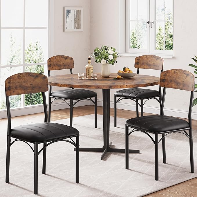 Dining Chairs Set of 4 - Upholstered Dining Room Chairs with PU Leather, Industrial Kitchen Chairs with Wooden Backrest and Thickened Metal Legs, for Dining Room, Living Room (Vintage)