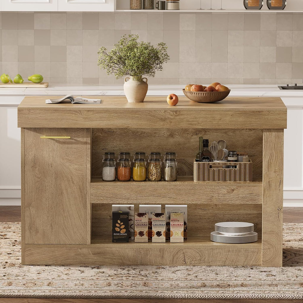Tribesigns Kitchen Island with Trash Storage Cabinet, 55" Large Prep Table | 2-Tier Shelf, Farmhouse Island Table Furniture for Meal Prep, Dining & Entertaining, Natural Oak Wood, Supports up to 350 lb