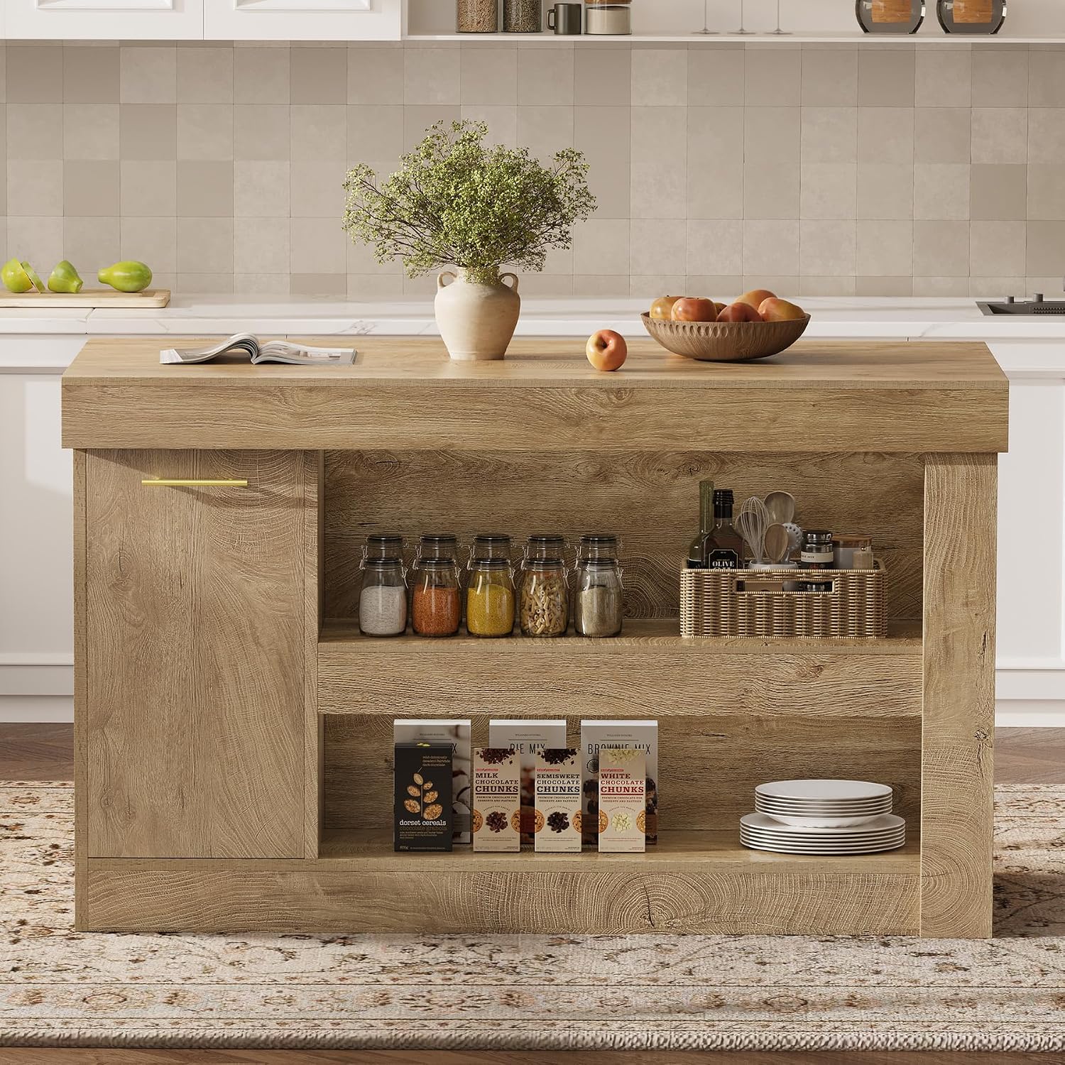 Tribesigns Kitchen Island with Trash Storage Cabinet, 55" Large Prep Table | 2-Tier Shelf, Farmhouse Island Table Furniture for Meal Prep, Dining & Entertaining, Natural Oak Wood, Supports up to 350 lb