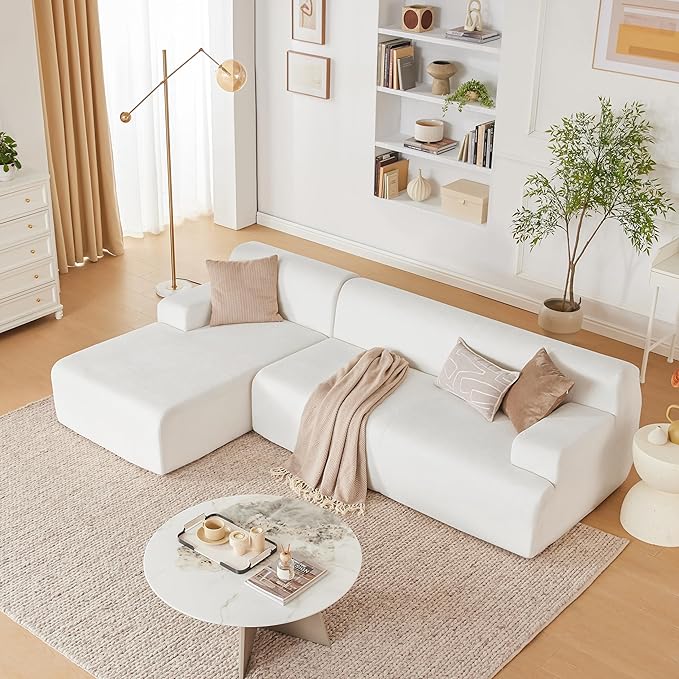 107" Modular Sectional Cloud Couch, Boneless couches Sponge sectionals for Living Room, High Density Sponges Sofa, Modular L-Shape with Chaise, White