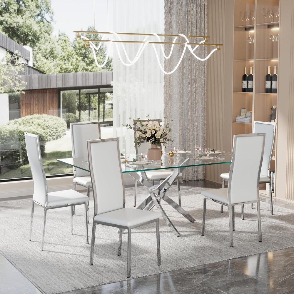 Modern Dining Chairs Set of 6, White Faux Leather with Chrome Silver Metal Le...