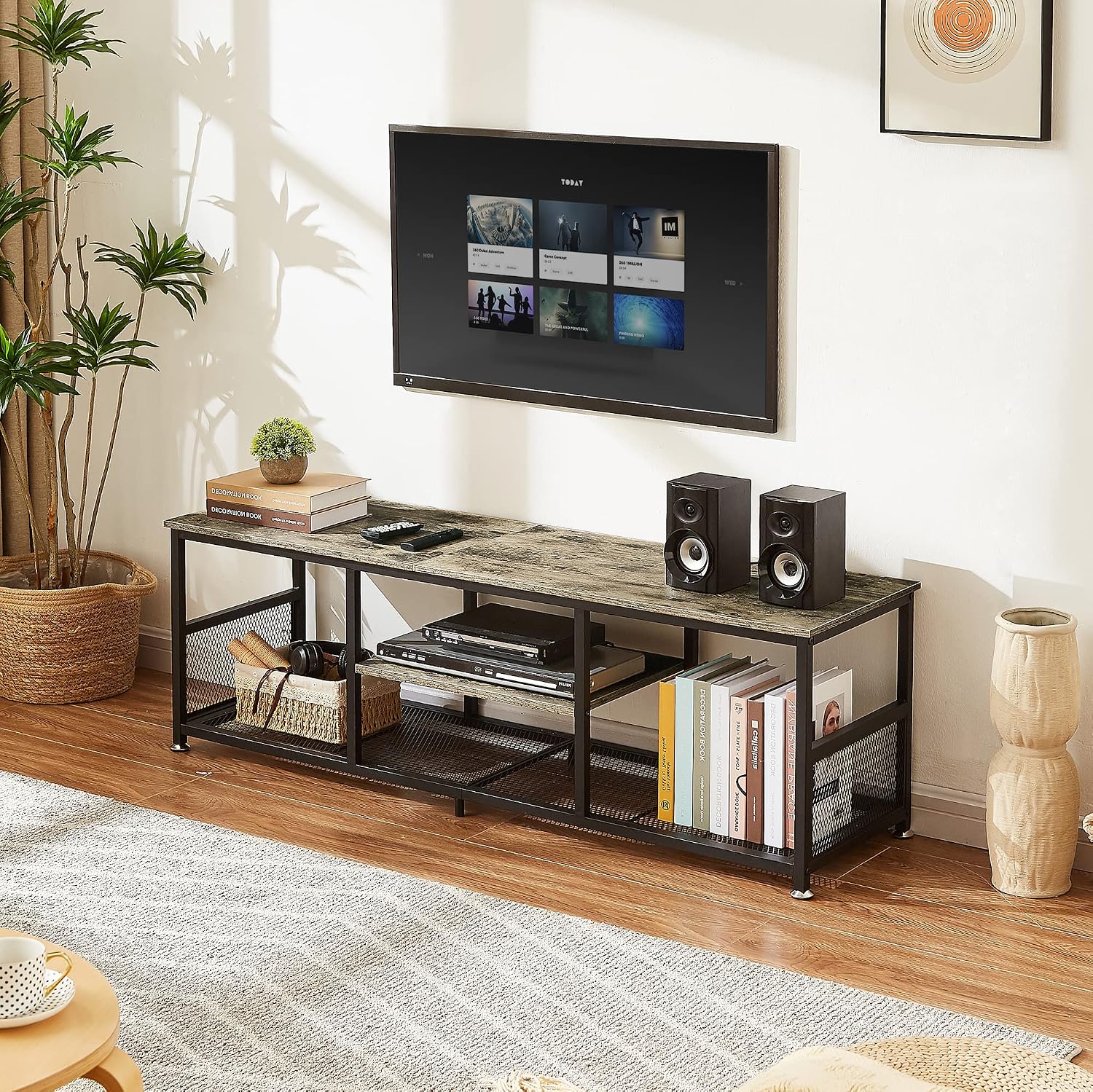 VECELO Industrial TV Stand for Televisions up to 65 Inch, 55" Entertainment Center with Open Storage Shelves for Living Room/Bedroom, 3 Tiers Media Console Table with Metal Frame, Grey, 55 Inches