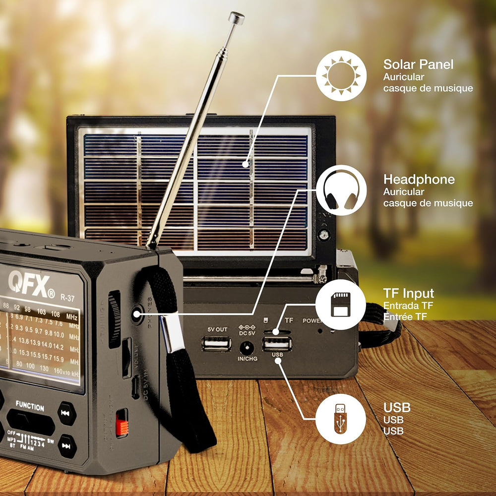 QFX R-37 6-Band (AM, FM, SW1 - SW4) Bluetooth LED Flashlight Solar Radio (202...