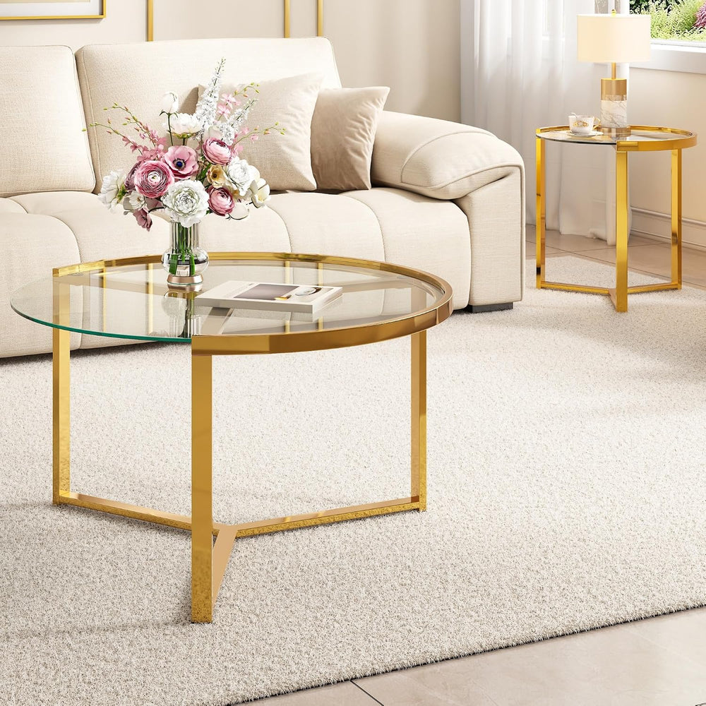 Round Nesting Coffee Table Set of 2 with Gold Frame & Mirrored Top, Black...