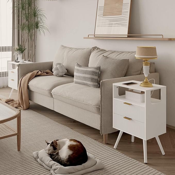 White Nightstand with Charging Station and LED Lights,Modern Bedside Table wi...
