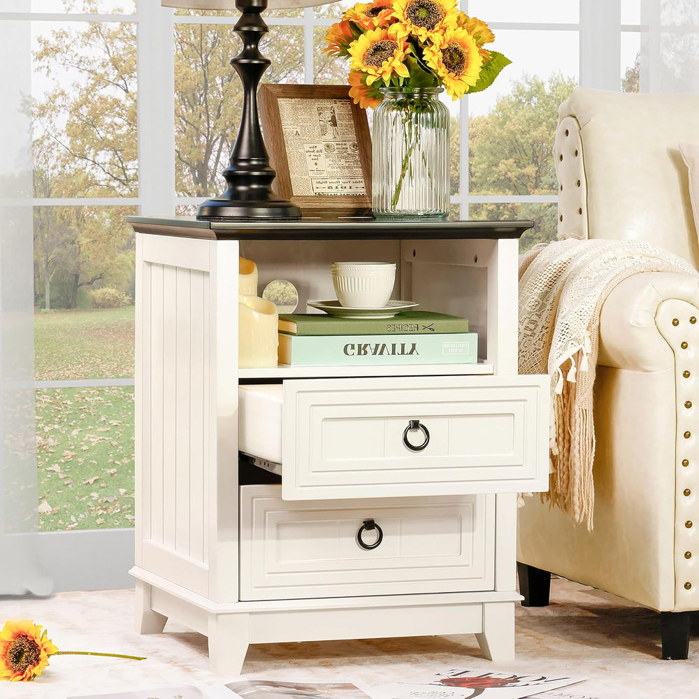 Farmhouse Nightstand, 24" Wooden Couch Side Table with 2 Drawers & O...