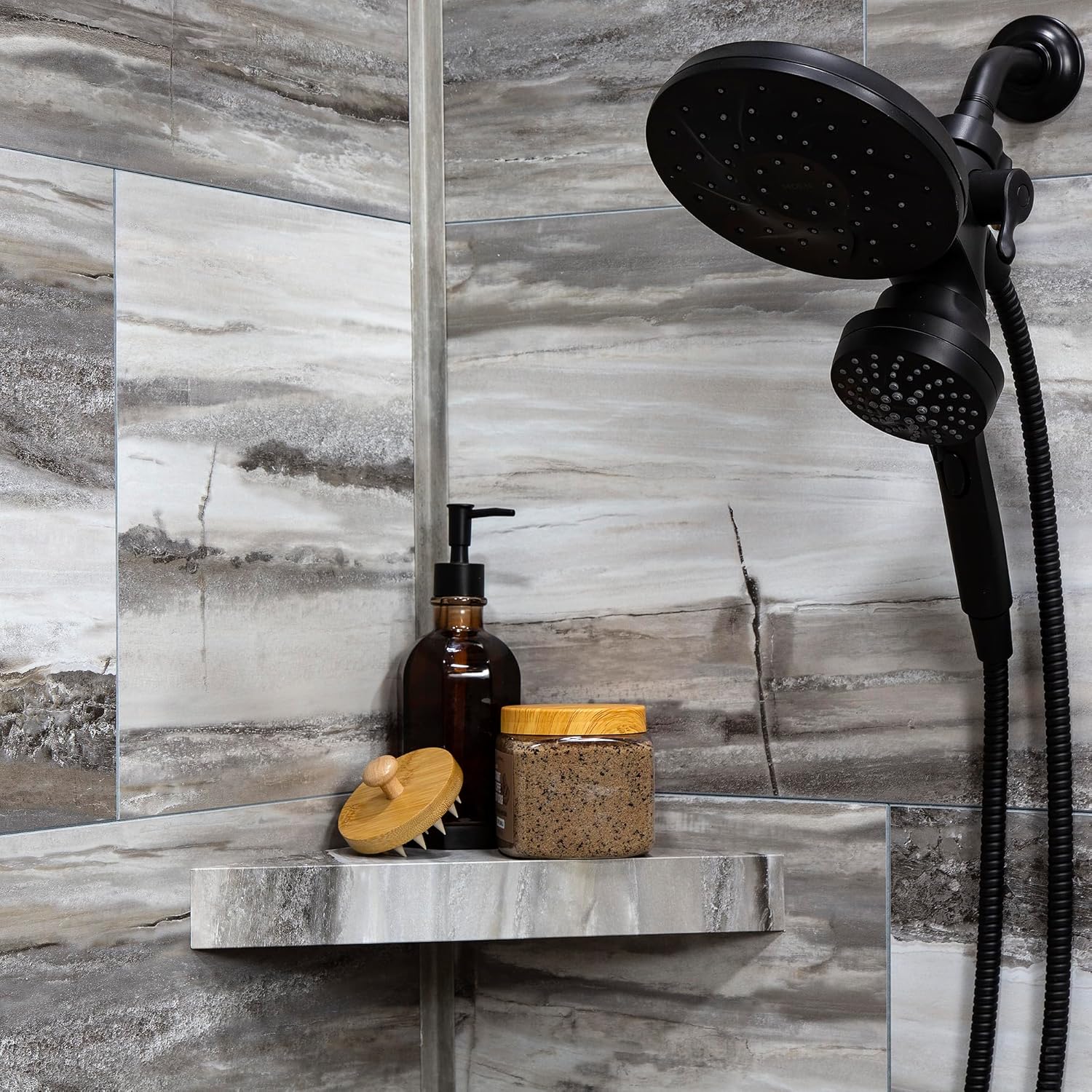 Palisade Vinyl Waterproof Corner Shower Shelf in Louvre Granite