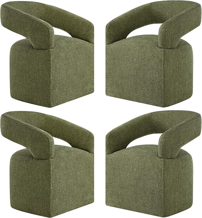 Upholstered Dining Chairs with Casters, Modern Barrel Side Armchair with Rollers for Dining Room, Bedroom, Kitchen, Reading Room, Green, Set of 4