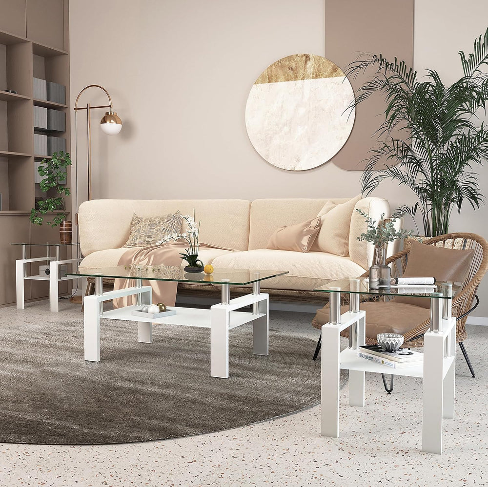 Living Room Tables Set,3 Piece Glass Coffee Table and End Tables Set for Livi...