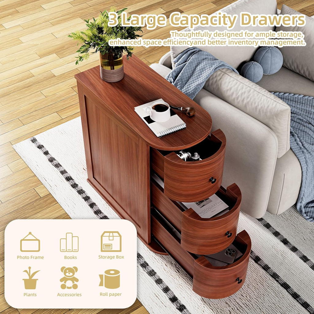 Shintenchi Narrow End Table with 3 Drawers, Vintage Solid Wood Side Table with Storage, Thin Bedside Skinny Night Stand, Slim Nightstand, Small Side Couch Sofa Table for Living Room, Bedroom, Walnut