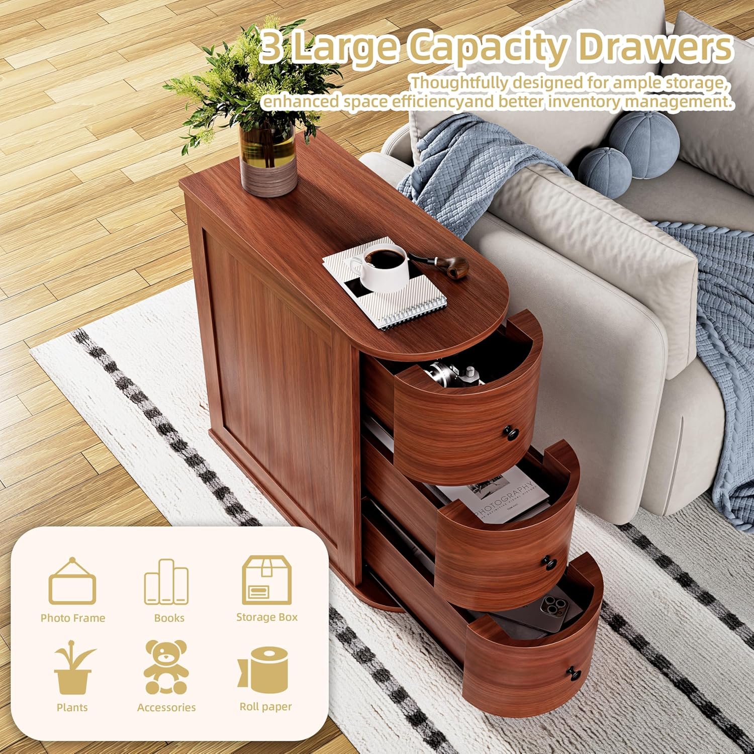 Shintenchi Narrow End Table with 3 Drawers, Vintage Solid Wood Side Table with Storage, Thin Bedside Skinny Night Stand, Slim Nightstand, Small Side Couch Sofa Table for Living Room, Bedroom, Walnut