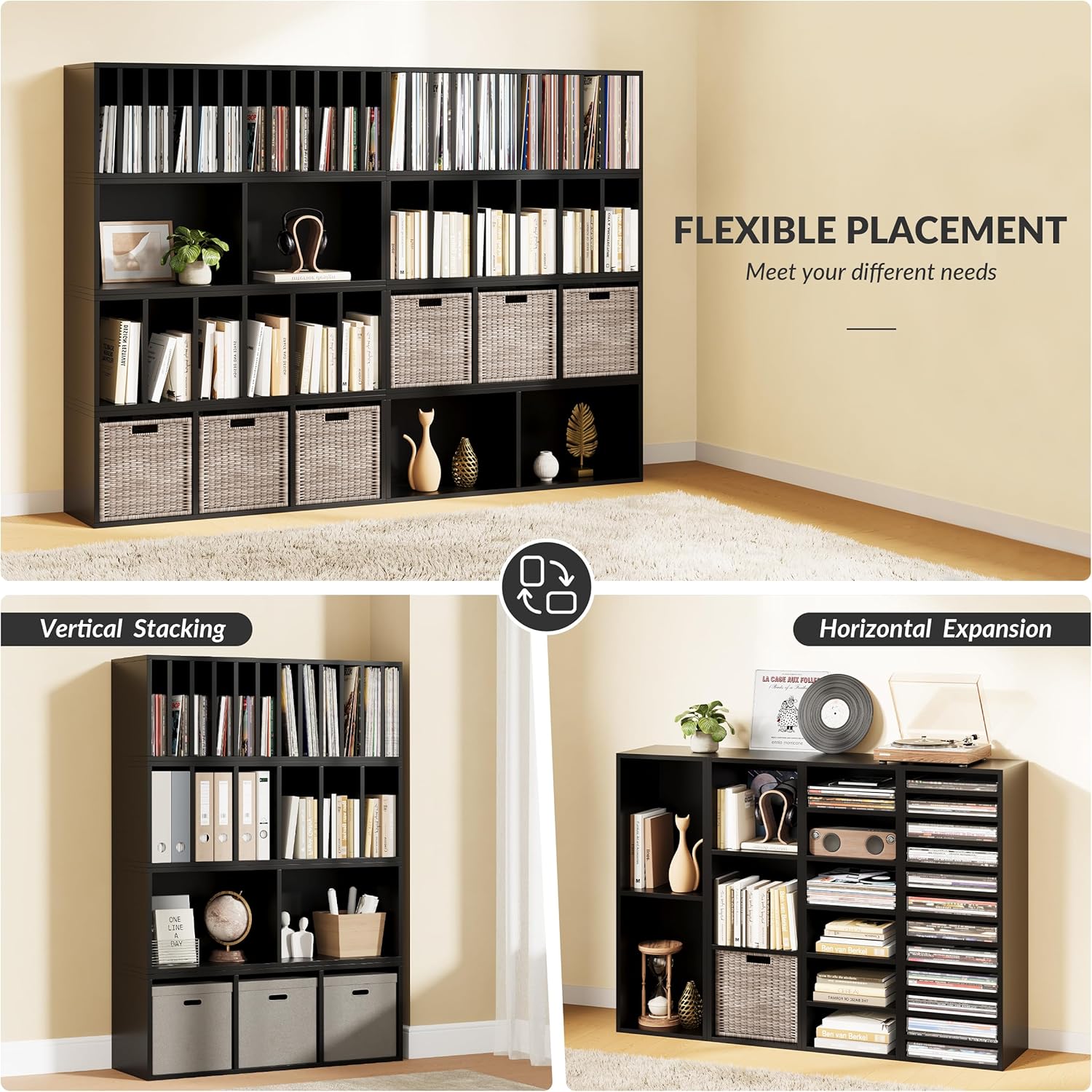IOTXY DIY Modular Cube Bookcase - CubeXY Customizable Stackable Expandable Combination Set, 23-Cube Open Bookshelf for Books, Fabric Storage Bin, and Vinyl Record Organizer, Black