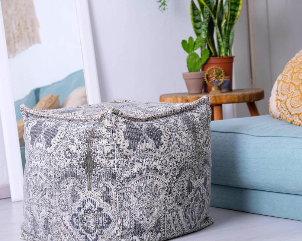 Mandala Life Art Pouf Ottoman - 20x20x20" - Foot Rest Stool - Gray Cube
