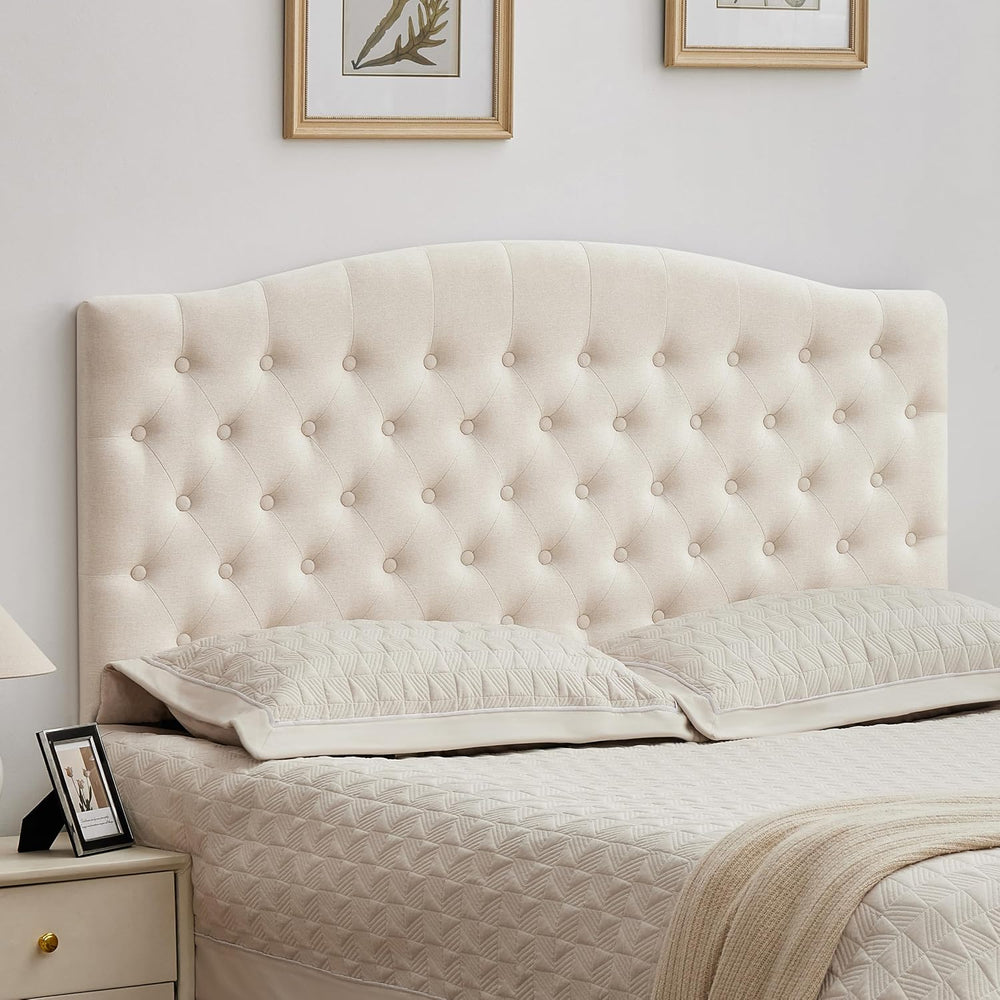 Tufted Tall Queen Size Headboard, Linen Button Diamond Headboards, Beige
