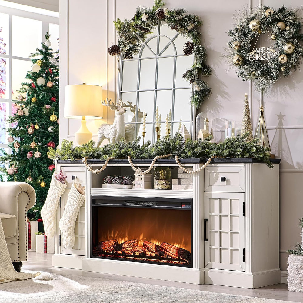 JXQTLINGMU Farmhouse 70" Fireplace TV Stand for 80" TV, Off White |...