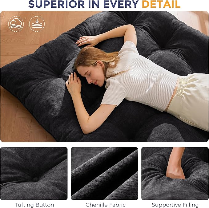 MAXYOYO Japanese Floor Mattress Full Size, 6" Foldable Futon Mattress Tufted Roll Up Floor Bed, Thick Chenille Tatami Mat Sleeping Pad for Camping Guest Room Dormitory Bedroom RV, Black