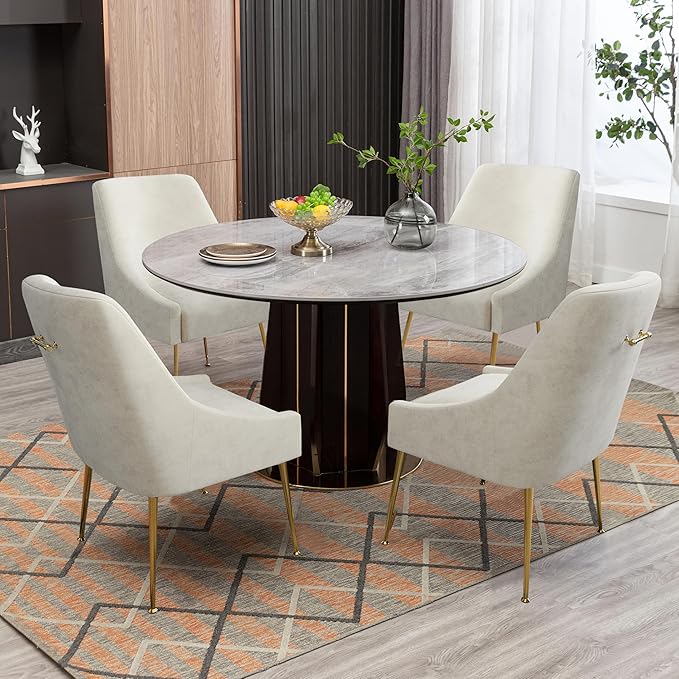 Modern Velvet Dining Chairs Set of 2, Contemporary Upholstered Furniture Collection with Polished Gold Metal Legs, Elegant Accent Chairs for Kitchen Living Room(White)