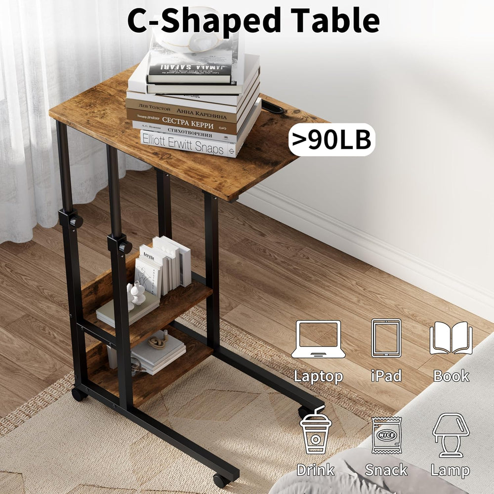 Gyfimoie C-Shaped End Table with Wheels, Side Table Adjustable Height, TV Tra...