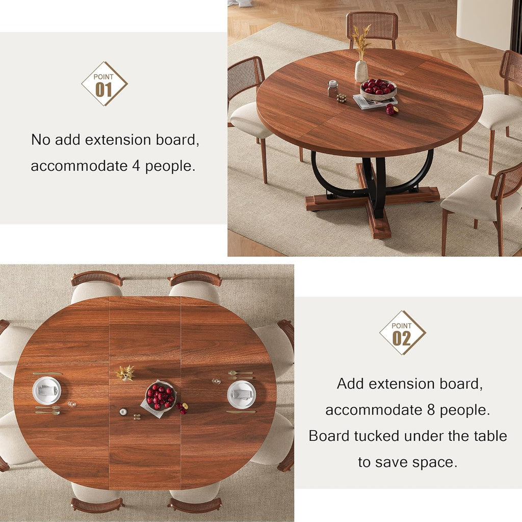 Einhomn 59" Extendable Round Dining Table for 4-6, Modern Oval Kitchen Table with Heavy Duty Curved Legs & Pedestal Base, Space Saving Circle Dinner Room Table for Dining Kitchen Living Room, Walnut