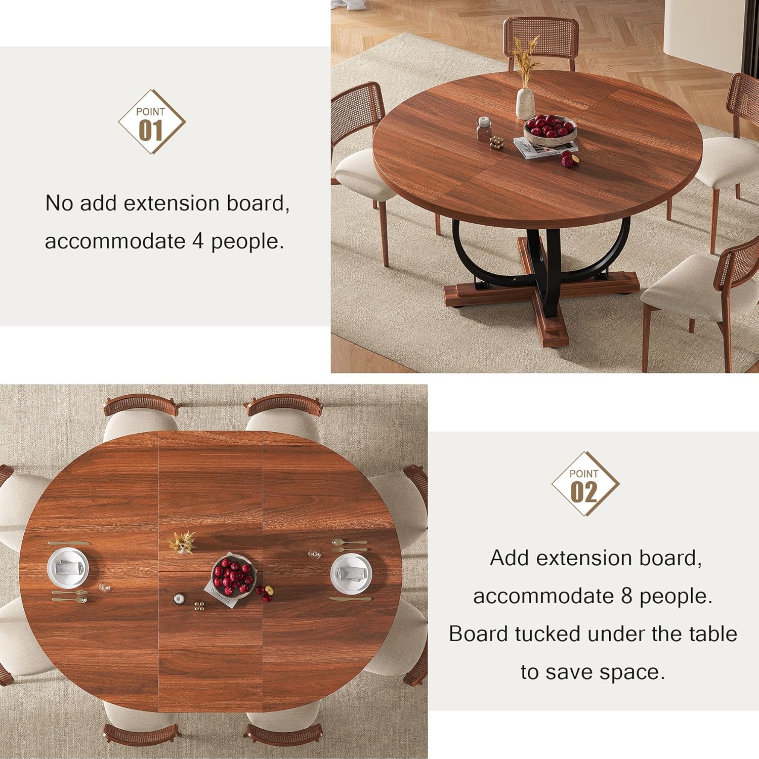 Einhomn 59" Extendable Round Dining Table for 4-6, Modern Oval Kitchen Table with Heavy Duty Curved Legs & Pedestal Base, Space Saving Circle Dinner Room Table for Dining Kitchen Living Room, Walnut