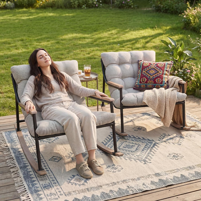 Outdoor Papasan Rocking Chairs Set of 2, Oversized Cushioned Rocker