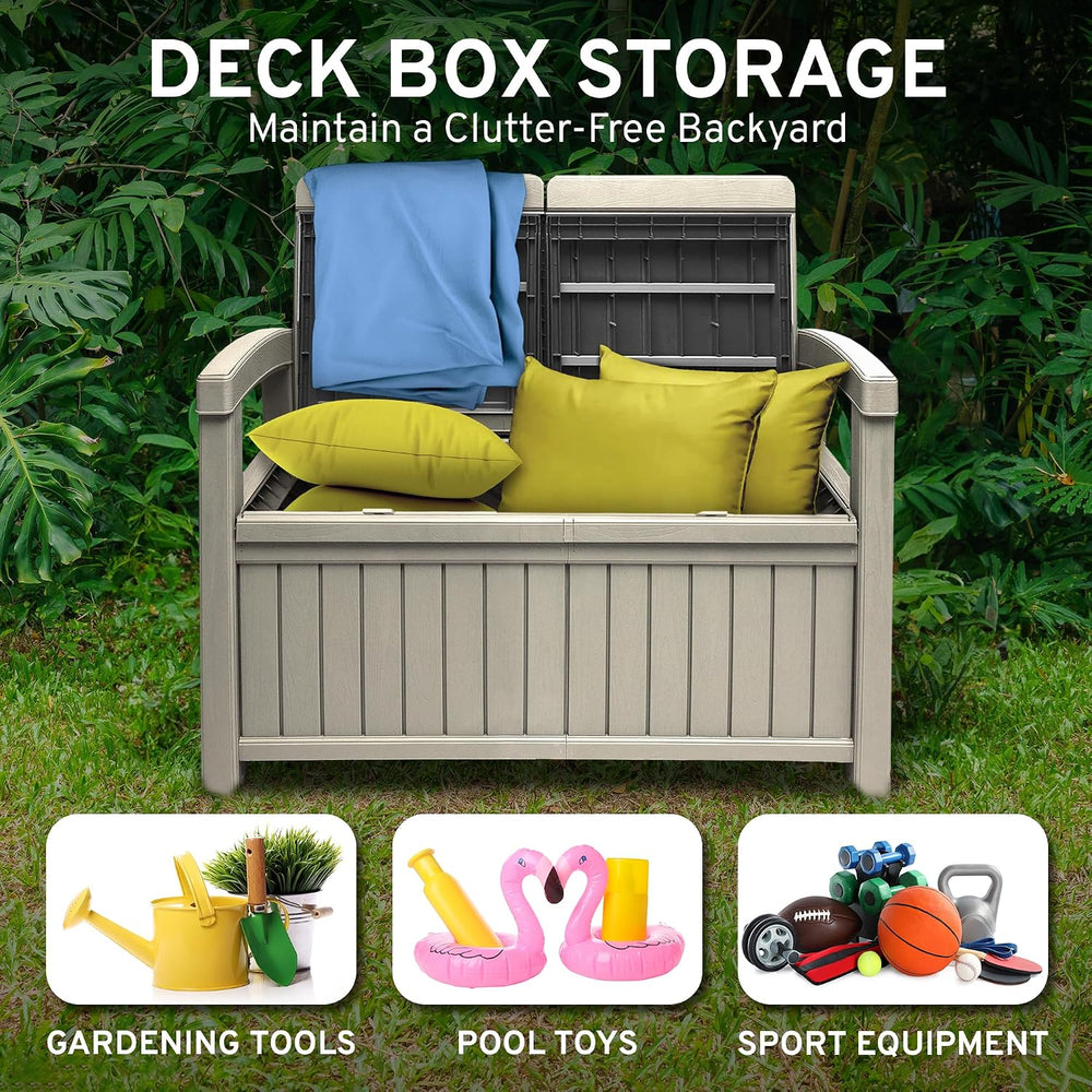 EconoHome 2 Seat Outdoor Storage Bench with Rain Cover - 60 Gallon Capacity -...