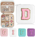 Parima White Jewelry Box for Women - Personalized Travel Chenille Letter Patches Jewelry Case, Multifunctional, Includes Ring Holder, Necklace Pocket - Ideal Birthday Gift