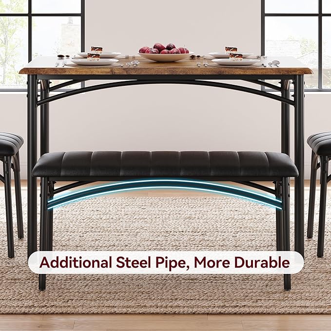 GarveeHome Dining Table Set for 4, Kitchen Table with Upholstered Chairs and Bench, Wood Rectangular Dining Table and Chairs Set for Small Space, Apartment, Dinner, Rustic Brown