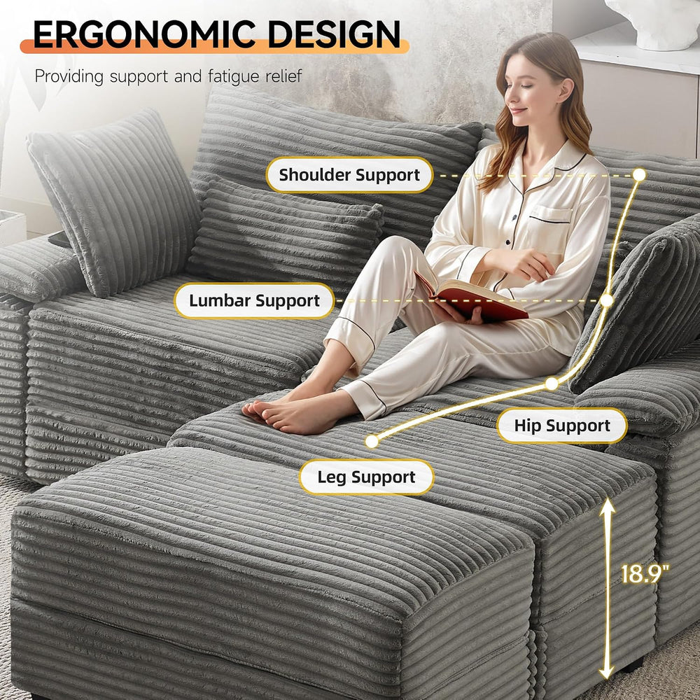 75" Corduroy Loveseat with Storage Ottoman, USB & Coffee Table, Grey