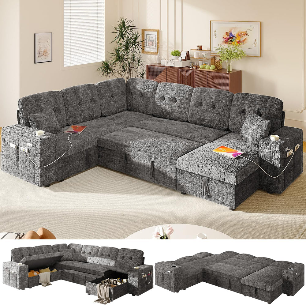 Modular Sectional Sleeper Sofa with Pull Out Bed, 108 Inch U Shaped 7 Seat Co...