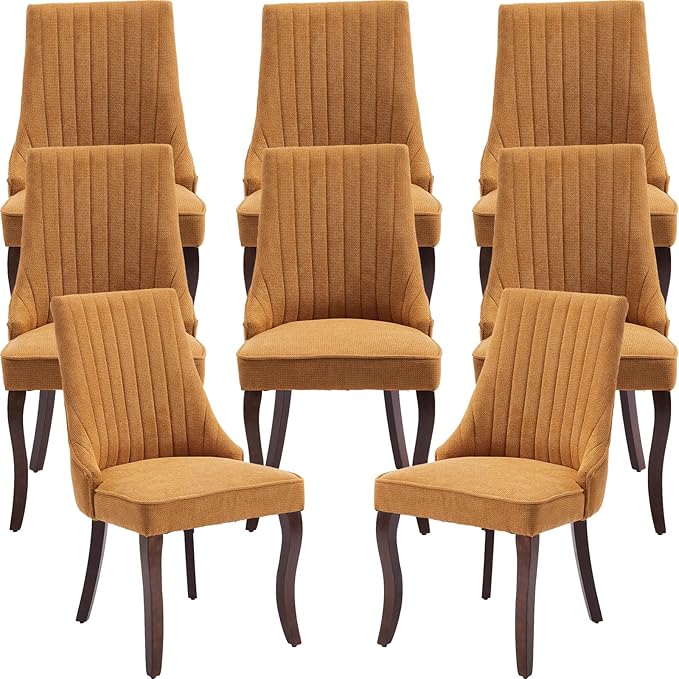 Gold Mid Century Dining Chairs Set of 8, Modern Kitchen & Dining Room Chairs Set of 8, Linen Upholstered Kitchen Chairs, Sillas de Comedor, Wood Legs (Yellow, 8 Pcs)