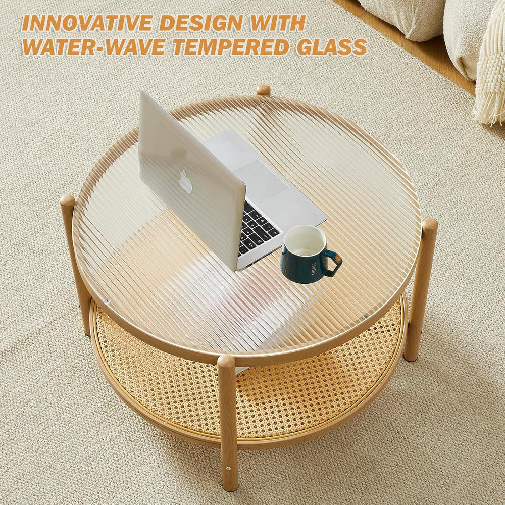 Boho Rattan Coffee Table Set of 2, Round Glass Living Room Table Set | Temper...