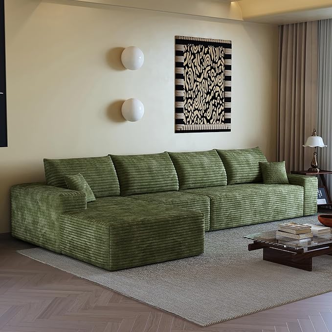 135" Oversized Compressed Sectional Sofa - 33D High-Density Foam Cloud Couch with Deep Seat - Minimalist 3-Piece Corduroy Upholstered Boneless Modular Lounge Couch | Breathable material, Full Foam, Anti-slip