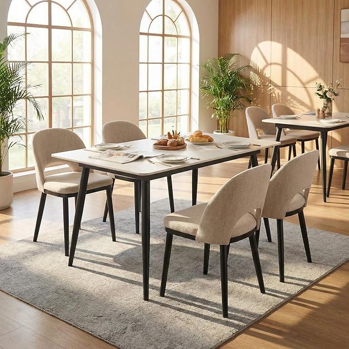 Wooden Dining Chairs Set of 2,Upholstered Kitchen Dining Room Chairs with Curved Backrest and Wood Leg,Modern Fabric Farmhouse Dinner Chair for Restaurant/Cafe,Beige