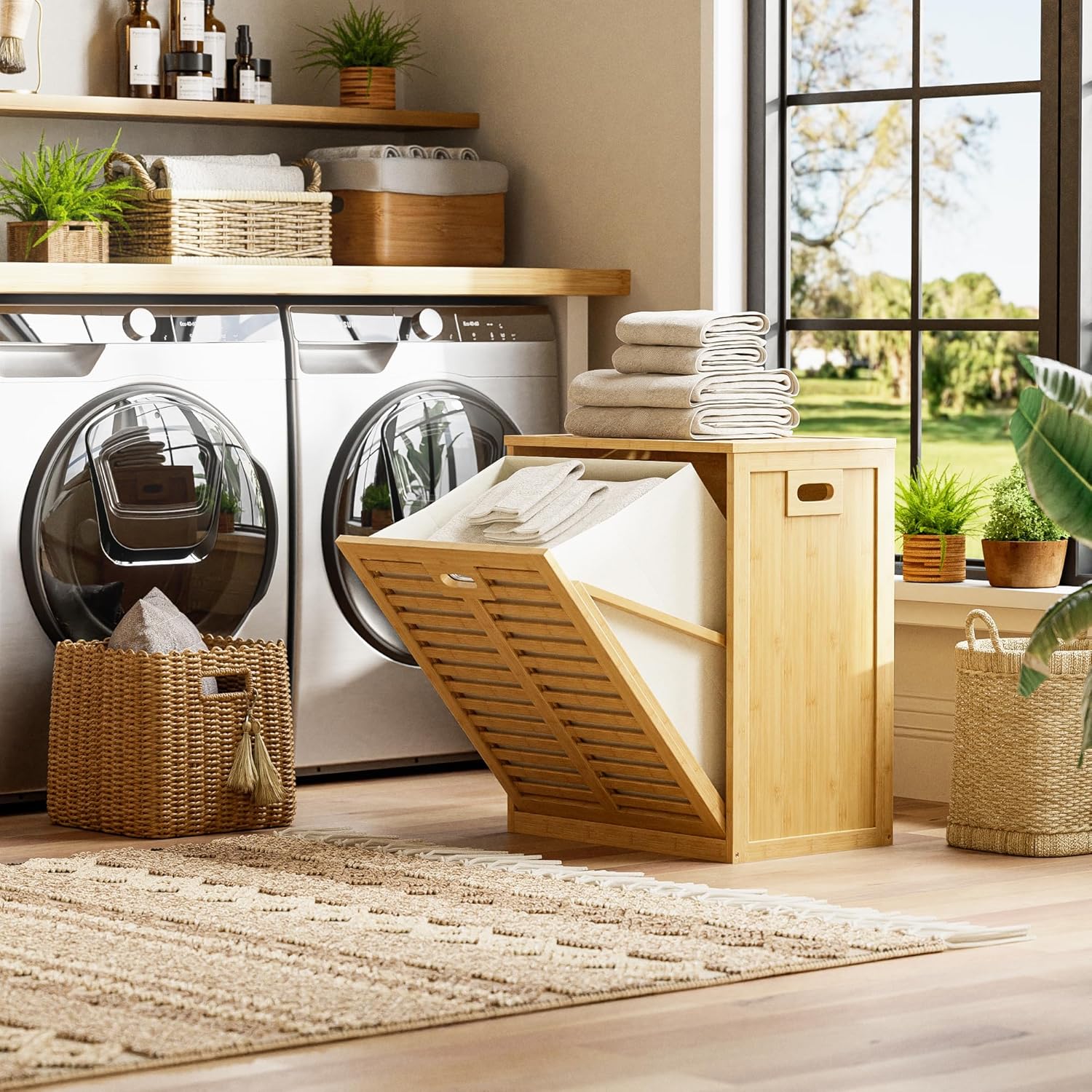 HITNET Tilt Out Laundry Hamper, Bamboo Laundry Cabinet with Hidden Removable Basket, Freestanding Clothes Storage organizer for Bedroom, Bathroom, Living Room, Natural