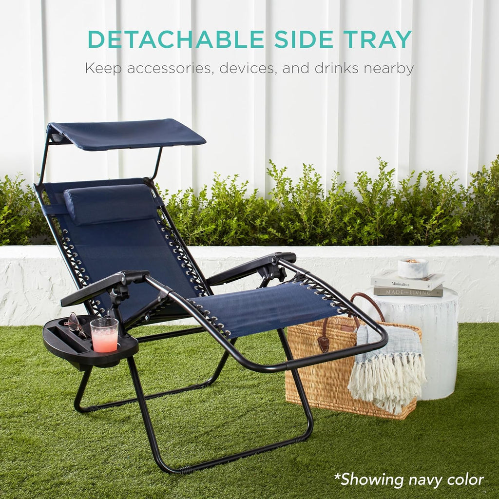 Best Choice Products Folding Zero Gravity Outdoor Recliner Patio Lounge Chair w/Adjustable Canopy Shade, Headrest, Side Accessory Tray, Textilene Mesh - Bubblegum Pink