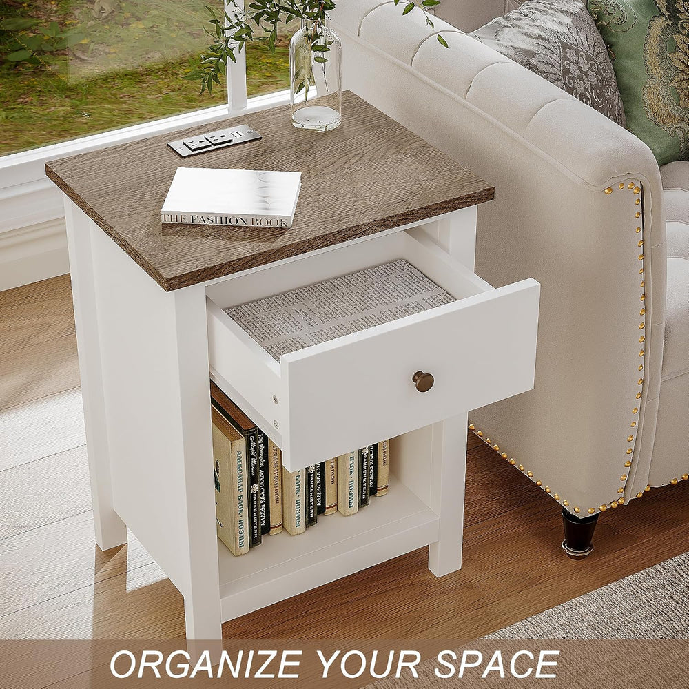 ChooChoo Farmhouse Nightstand with Charging Station | Wooden Top Bedside End ...