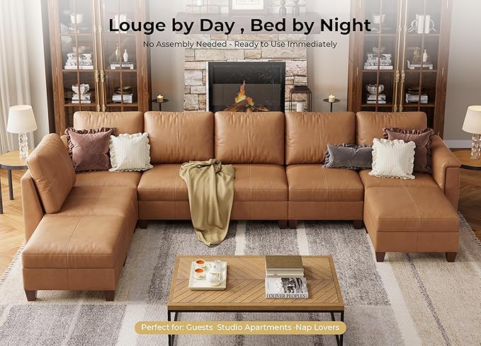 SITJOY 145" Faux Leather Modular Sectional Sofa with Storage, Mid Century Modern Sectional Couches for Living Room, Soft Padded Armrests, 8 Seat U Shaped Sectional Couch with Chaise, Brown