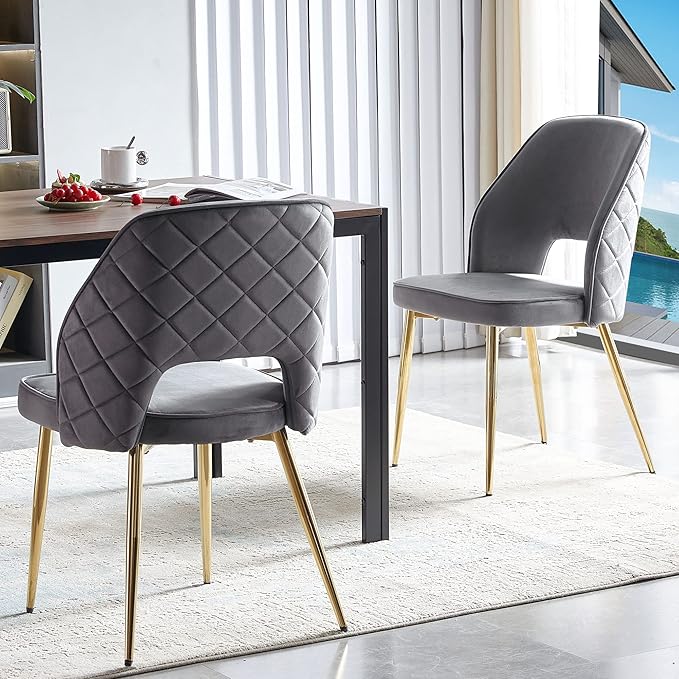 NORDICANA Modern Dining Chair Set of 2, Grey Velvet Fabric Upholstered Accent Chairs with Golden Metal Legs, Round Back Side Chairs for Kitchen Living Room Bedroom