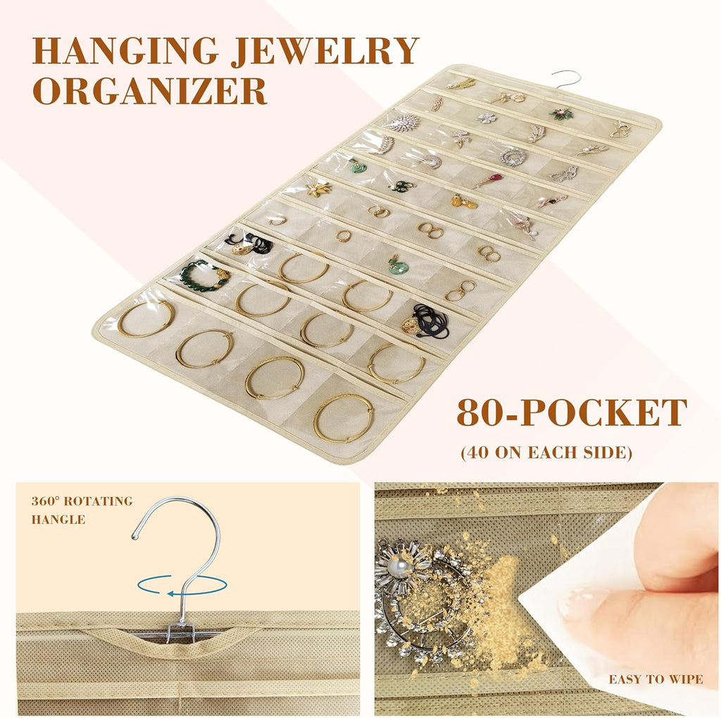 80 Pocket Hanging Jewelry Organizer with Hanger Metal Hooks Storage On Wall Door Closet Double-Sided(Each Side 40 Pockets) Jewelry Holder for Earrings, Necklaces, Rings (4 PACK BEIGE)