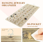 80 Pocket Hanging Jewelry Organizer with Hanger Metal Hooks Storage On Wall Door Closet Double-Sided(Each Side 40 Pockets) Jewelry Holder for Earrings, Necklaces, Rings (4 PACK BEIGE)
