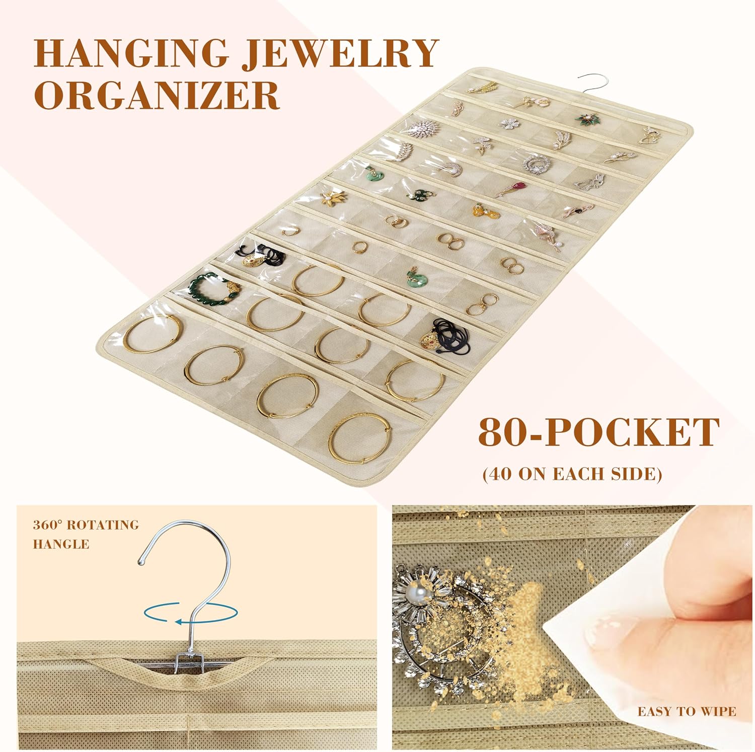 80 Pocket Hanging Jewelry Organizer with Hanger Metal Hooks Storage On Wall Door Closet Double-Sided(Each Side 40 Pockets) Jewelry Holder for Earrings, Necklaces, Rings (4 PACK BEIGE)