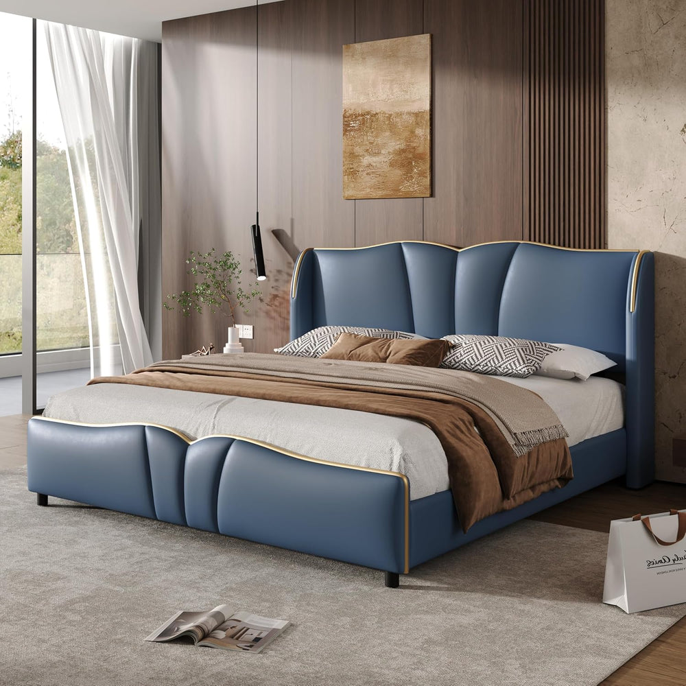 Queen Size Bed Frame with Wingback Headboard, Modern Faux Leather Upholstered...