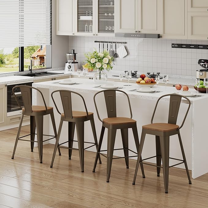 Andeworld Metal Bar Stools Set of 2, 26 inch Counter Height Barstools with Ba...